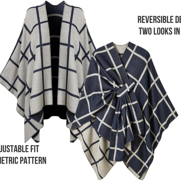 Women Shawl Wraps Soft Acrylic Blend Reversible Plaid Poncho Winter Gear - Picture 3 of 6